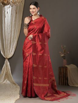 Akhilam - Womens Silk Blend Maroon Woven Designer Saree with Unstitched Blouse