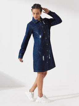 DOLCE CRUDO - Women Navy Blue Cotton Solid Denim Jacket