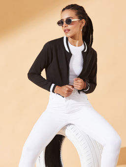 DOLCE CRUDO - Women Black Cotton Solid Bomber Jacket