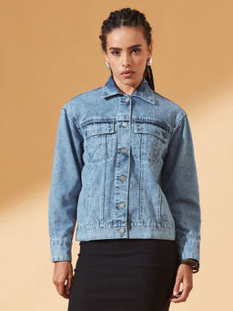 DOLCE CRUDO - Women Blue Cotton Solid Denim Jacket
