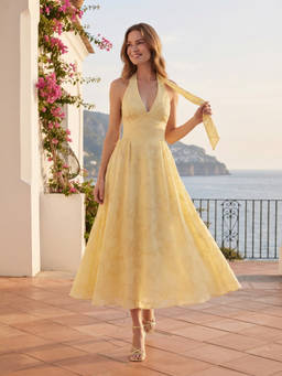 Cider - Jacquard Floral Women Halter Neck Backless Flared Maxi Dress Yellow
