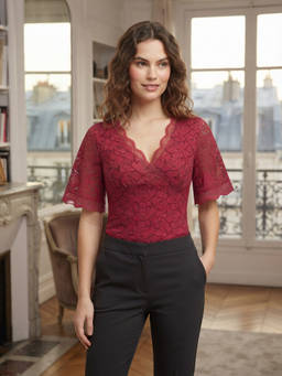 Cider - Guipure Lace Women’s V-Neck Ruffled Sleeve Crop Top Wine