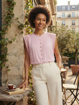 Cider - Lace Trim Pleated Women's Oversized Blouse Pink