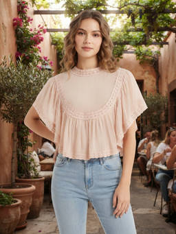 Cider - Chiffon Lace Women's Ruffle Sleeve Oversized Blouse Peach