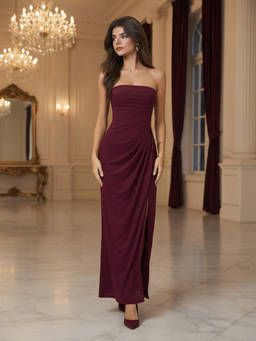 Cider - Mesh Bandeau Women's Lace-Up Bodycon Maxi Dress Wine