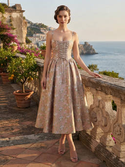 Cider - Floral Jacquard Women's Lace-Up Corset A-Line Maxi Dress Pink