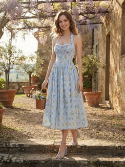 Cider - Ditsy Floral Women’s Halter Neck A-Line Maxi Dress Baby Blue