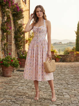 Cider - Cotton Blend Women Floral Halter Neck A-Line Maxi Dress Pink