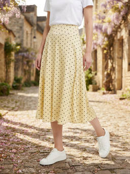 Cider - Satin Women's Polka Dot Mid-Rise Flared Maxi Skirt Yellow