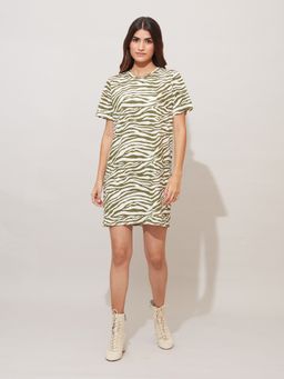 Twenty Dresses by Nykaa Fashion - Green And White Animal Print Short T-shirt Dress