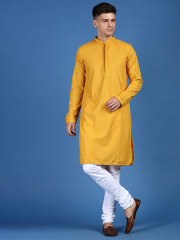 Sanwara - Men Mustard Thread Work Chikankari Indian Style Cotton Kurta (Set of 2)