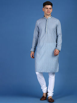 Sanwara - Men Party Wear Chikankari Style Ocean Blue Cotton Kurta (Set of 2)