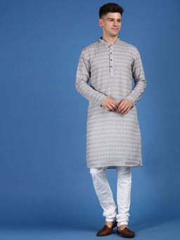 Sanwara - Men Printed Trendy Designer Grey Cotton Kurta (Set of 2)