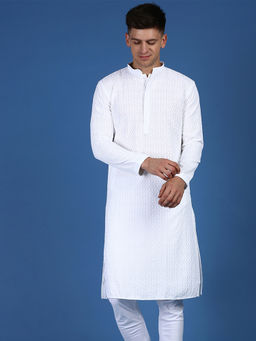 Sanwara - Men Designer Wear Chikankari White Cotton Kurta