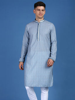 Sanwara - Men Party Wear Chikankari Style Ocean Blue Cotton Kurta