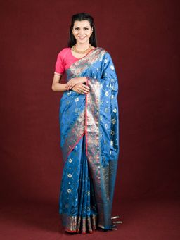 EXCLUSIVA - Blue Banarasi Blended Silk Woven Saree Zari Work with Unstitched Blouse