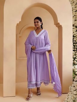 Baisacrafts - Ghazal Lavender Lino Mul Lace Anarkali Kurta with Pant and Dupatta (Set of 3)
