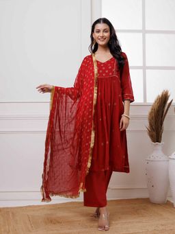 Baisacrafts - Cherry Red Rogan Print Kurta with Pant and Dupatta (Set of 3)