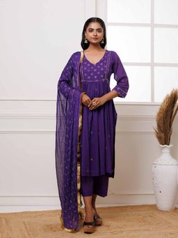 Baisacrafts - Purple Rogan Print Kurta with Pant and Dupatta (Set of 3)