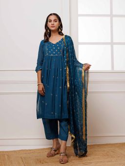 Baisacrafts - Blue Rogan Print Kurta with Pant and Dupatta (Set of 3)