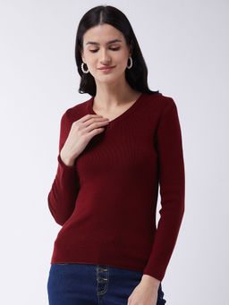 RVK - Women Maroon Solid Pullover Sweater