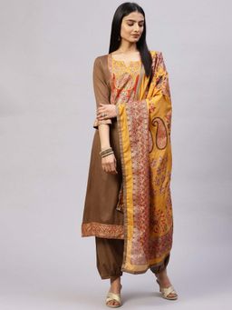 Biba - Brown Cotton Blend Unstitched Suit Set (Set of 3)