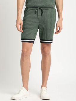 The Bear House - Men Green Striped Regular Fit Cotton Shorts