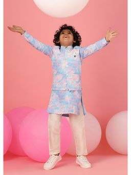 KALKI FASHION - Sky Blue Tie-dye Bandi Jacket Set In Silk With Threadwork (Set of 3)