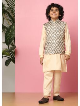 KALKI FASHION - Beige Bandi Jacket And Kurta Set In Silk With Print (Set of 3)