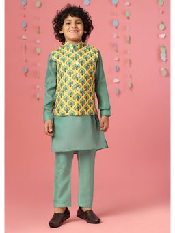 KALKI FASHION - Green Kurta Set In Silk With Yellow Bandi Jacket (Set of 3)