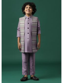 KALKI FASHION - Lavender Purple Printed Kurta Jacket Set In Silk (Set of 3)
