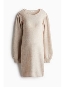 H&M - Women Beige MAMA Balloon-Sleeved Rib-Knit Dress