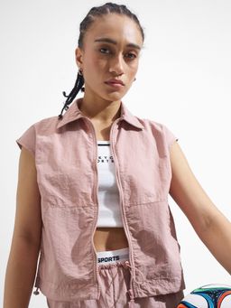 TOKYO TALKIES - Women Pink Front Open Kangaroo Pocket Jacket