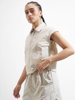 TOKYO TALKIES - Women Beige Front Open Kangaroo Pocket Jacket