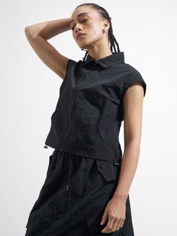 TOKYO TALKIES - Women Black Front Open Kangaroo Pocket Jacket