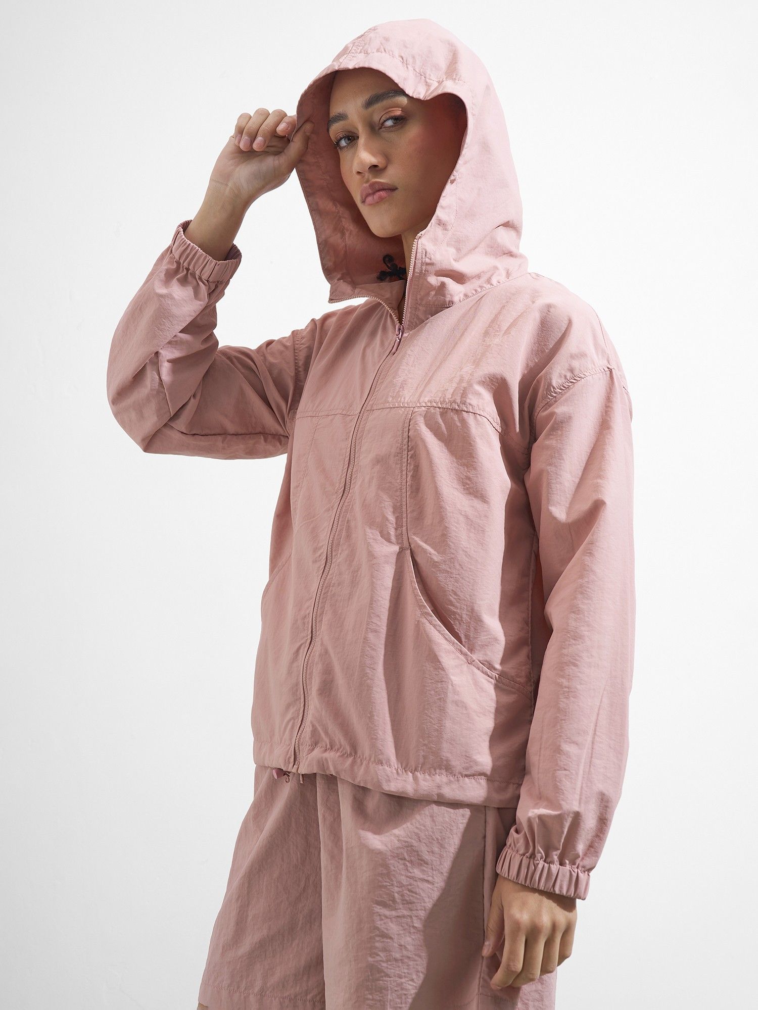 Women Pink Solid Hooded Nylon Jacket-image-13