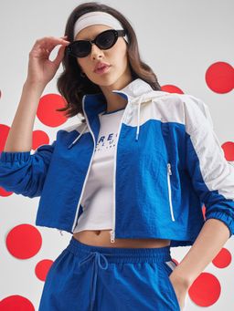 TOKYO TALKIES - Women Blue Color Blocked Front Open Zipper Featuring Relaxed Fit Jacket