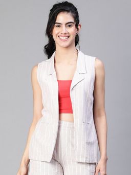 Oxolloxo - Women Beige Stripe Print Open Collared Sleeveless Cotton Waistcoat