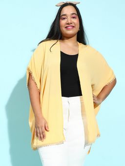 Oxolloxo - Women Plus Size Yellow Rayon Crepe Lace Detailed Shrug