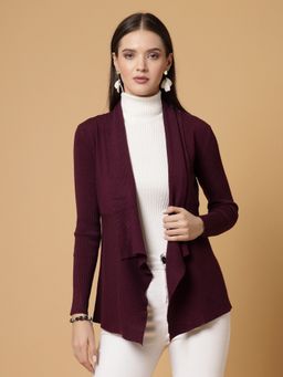 Mafadeny - Wine Women Striped Open Front Shrug