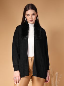 Mafadeny - Black Women Self Design Fluffy Fur Collar Shrug