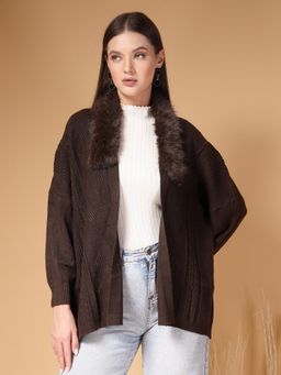 Mafadeny - Brown Women Self Design Fluffy Fur Collar Shrug
