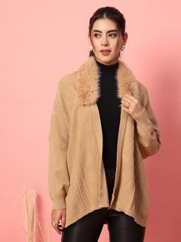 Mafadeny - Beige Women Self Design Fluffy Fur Collar Shrug