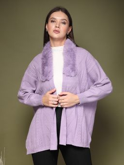 Mafadeny - Purple Women Self Design Fluffy Fur Collar Shrug