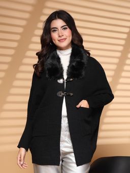 Mafadeny - Black Women Fluffy Fur Collar And Buckle Buttons Shrug