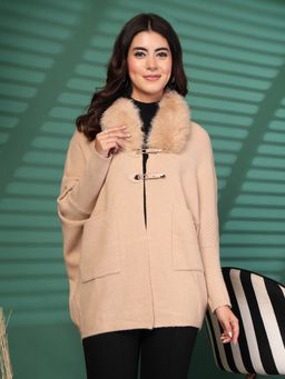 Mafadeny - Beige Women Fluffy Fur Collar And Buckle Buttons Shrug