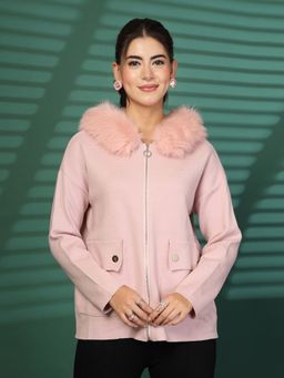 Mafadeny - Peach Women Fluffy Fur Collar Zipper Shrug