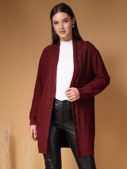 Mafadeny - Maroon Women' Long Open Front With Small Beads Shrug