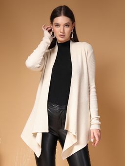 Mafadeny - Beige Women Long Open Front With Asymmetrical Shrug