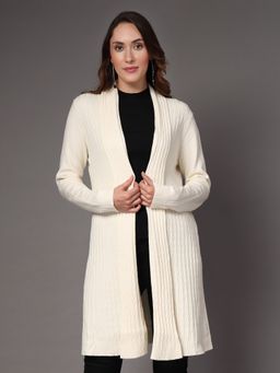 Mafadeny - Cream Women Long Open Front With Textured Shrug